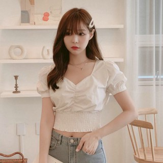 Women's Retro Square Neck Puff Sleeve Pleated Crop Top (1)