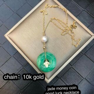 Jade money coin &10K gold necklace good luck