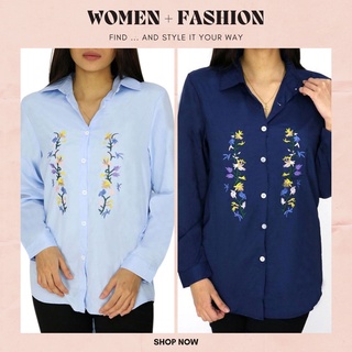 Women Fashion Floral Embroidered Long Sleeve Button Down Shirt