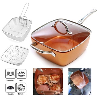 ✰COPPER PAN, Copper Square Frying Pan Induction Chef Glass Lid Fry Basket Steam Rack!◈