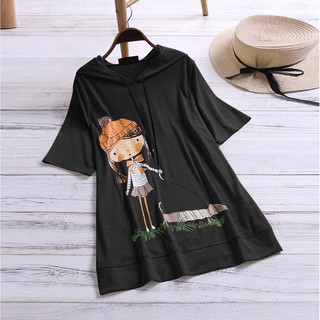 kooobes♬Women Casual Cartoon Print Hooded Short Sleeve Plus Size Top T-Shirt Blouse (4)