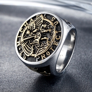 Fashion Carved Saint Michael Protects American Gold and Silver Archangel Cross Amulet Ring