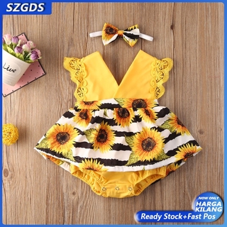 【COD & Ready Stock】 2Pcs* Baby Romper and Headband Girl Clothing Set Newborn Baby Dress (1)