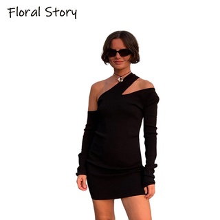 FLORAL STORY lady Sexy Hollow Out Bodycon Mini Black Dress Spring Autumn Sleeve Off Chrismats Prints