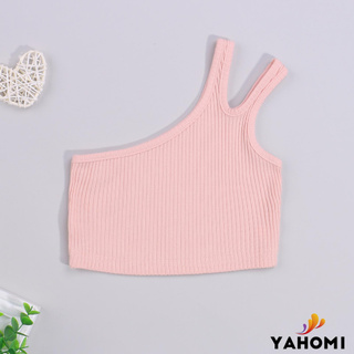 ZXT-Kids Girls Summer Solid Color Slit One-Shoulder Sleeveless Tight Crop Tops for Girls, 2-7 Years