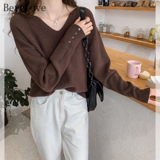 Korean V-neck Top Bottom Sweater Women's Loose Casual Long Sleeve T-shirt