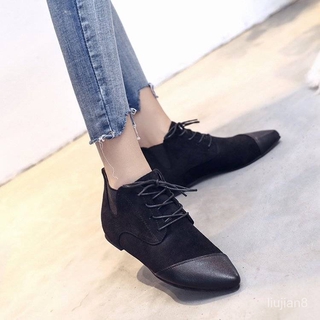 Pointed Lace Up Boots Female 2020 Korean Small Leather Flat Martin Boots