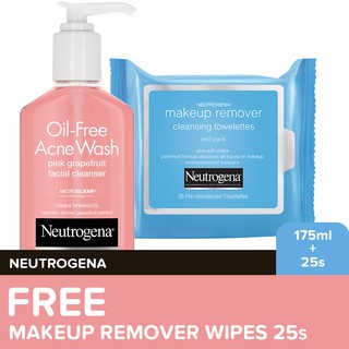 Neutrogena Oil-Free Acne Cleansing Gel 175ml + FREE Makeup Remover Cleansing Towelettes 25s