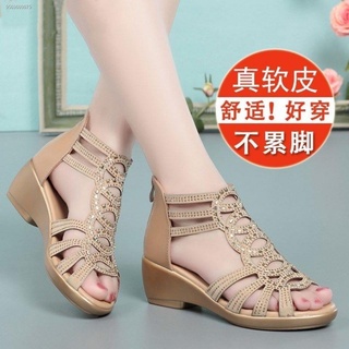 ☁▥Leather sandals women 2021 new summer Roman fish mouth shoes women s slope with middle heel middle