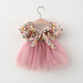 Summer baby girl's dress sweet floral print bowknot patchwork poncho mesh children's skirt