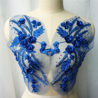 2Pcs Royal blue Embroidery Pearl Lace Applique Flower Mesh Net Trim Fabric Collar Wedding Gown Decor