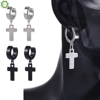 Cod Qipin 1pair Non-Piercing Stainless Steel Cross Ear Clip on Men Women Dangle Hoop Jewelry