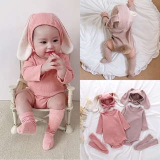 Rabbit Ears Hat +Romper+Socks Bundles Baby Girls Boys Long Sleeve Cotton Pajamas Clothing Set