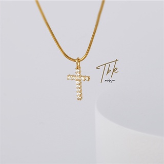 TBK 18K Gold Cubic Zirconia Studded Cross Pendant Necklace Accessories For Women Hypoallergenic 45N