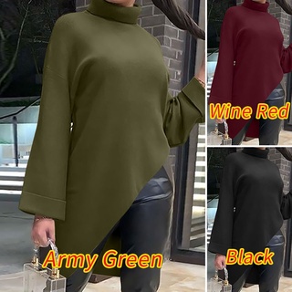ZANZEA Women Casual Solid Color Irregular Hem Pullover Full Sleeve Turtleneck Sweatshirt
