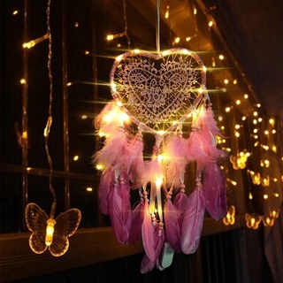 Xhh95d Dream Catcher With LED String Hollow Hoop Heart Shape Pendant Feathers Handmade Night Light Wall Hanging Home Decor Gift