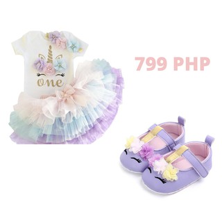 Baby Unicorn Tutu Dress Headband Shoes Set Romper Birthday 1st Bday Purple Multicolor Girls