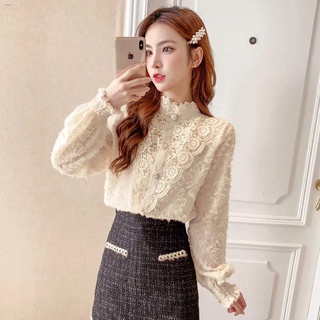 Lace shirt women s autumn and winter new half-high collar loose long-sleeved stand-up collar shirt p
