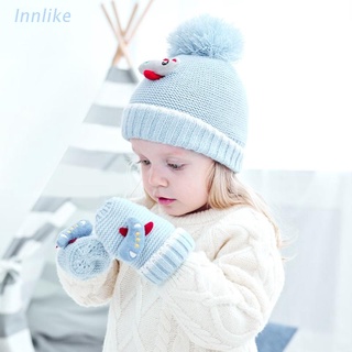 INN Winter Warm Baby Hat Gloves Set Children Fur Ball Knitted Beanies Cap Mitten Kit