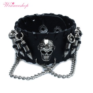 🌱Black Men's Gothic PU Leather Skull Chain Wristband Bracelets for Men (1)