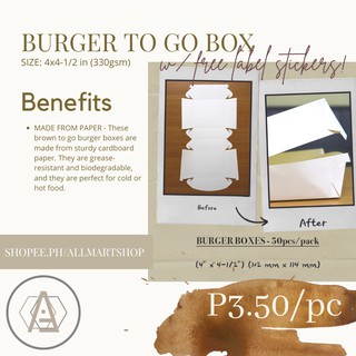 Burger, Spaghetti, Meal Take-out Paper Box Container, 100 Pieces, Hamburger box with FREE STICKERS