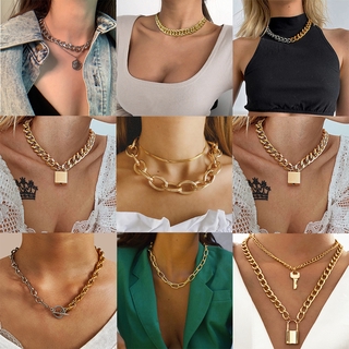 Ifyou Fashion Retro Multilayer Lock Gold Necklace Personalized Clavicle Chain Pendant Women Jewelry Accessories