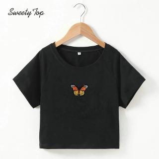 Women's New Butterfly Yellow Embroidered Slim Short Sleeve Crop Top (5)