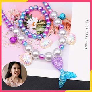 5 in 1 Mermaid Tail Necklace Pearl Shell Necklaces Earrings Rings Girl Birthday Gift Jewelry