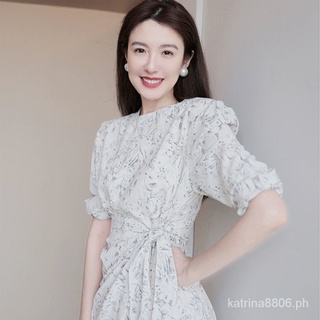 Floral Chiffon Matte Embossed Summer New Women's French Style Temperament Color Line Drawing Floral Slim Dress