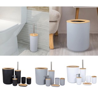 【6pcs】Bamboo Toilet Set Toilet Brush Toothbrush Cup Set Rubbish Bin Soap Box Soap Liquid Bottle trash can bathroom accessories toilet cleaning
