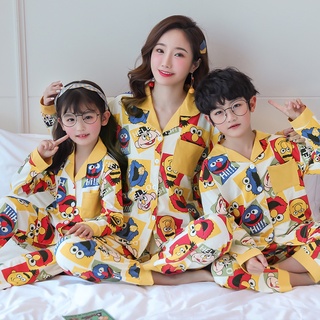 Cartoon Sesame Street Design Cotton Family Sleepwear Kids Pajamas Set Thin Long Sleeve Baby Sleepsuit Children pajama terno Suit Girls Boys Korean Loungewear