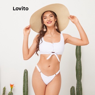 Lovito Boho Plain Kont Metal Accessories Backless Skinny Bikini Sets L11032 (White)