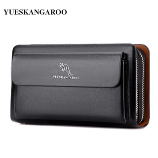 KANGAROO Brand Men Clutch Bag Fashion Leather Long Purse Double Zipper Business Wallet Black Brown