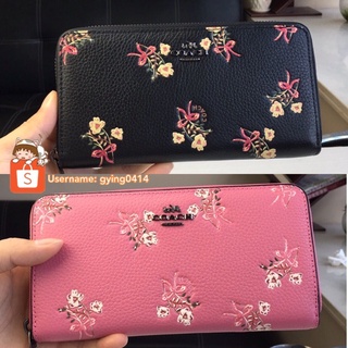 ₪✒Coach Accordion Zip Long Wallet With Floral Bow Print Black Pink f28444 Women