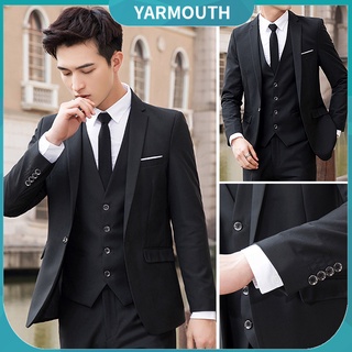 Yar_ Men Solid Color Lapel Collar Coat Vest Long Pants Business Wedding Slim Suit Set