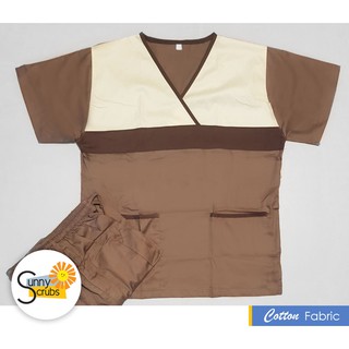 Brown Off White Dark Brown Tricolor Scrub Suit Design, Cotton Fabric, Top + Pants Pair