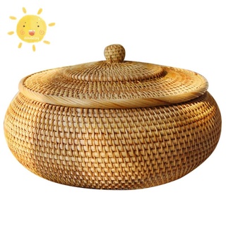 Round Rattan Box,Wicker Fruit Basket with Lid Bread Basket Tray Storage Basket Willow Woven Basket for Bread, Snack