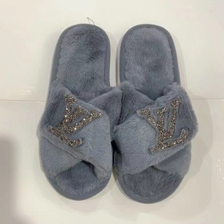 Rabbit fur Japanese fashion Winter Plush Cotton slippers indoor slipnpersBright diamond flat-bottome (4)