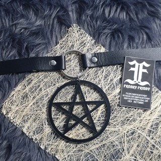 MTO Pentagram Charm Ring Leather Choker - Gothic Pentacle Wicca Witch Star