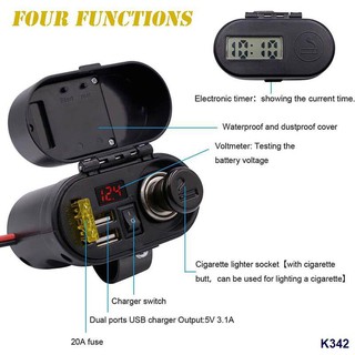 ◘✽◑Motorcycle USB Charger with Voltmeter Time Display Waterproof Dual USB Port Charger