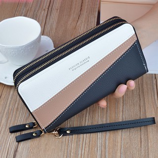Double zipper wallet women long clutch bag Korean style stitching contrast color double wall walletD
