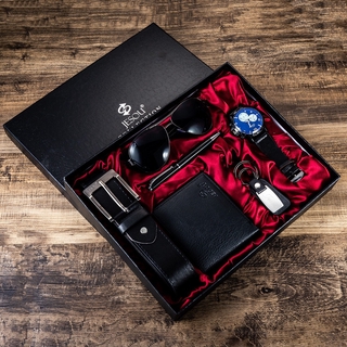 [In stock] recommended Men's Gift Set Quartz Watch + PU Wallet + PU Belt + Sun Glasses + Pen + Key