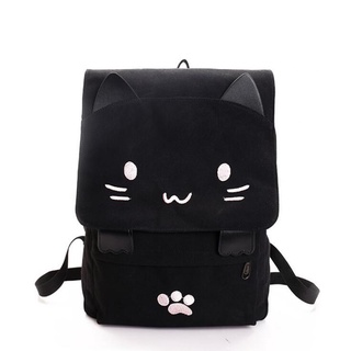 2021 Cute Cat Canvas Backpack Cartoon Embroidery Backpacks For Teenage Girls School Bag Casual Black