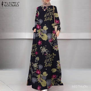 ZANZEA Women Crew Neck Printed Full Sleeve Side Pockets Muslim Long Dress XZxU