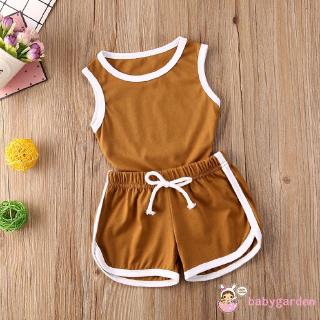 ღ♛ღUnisex Baby Summer Clothing Set Round Neck Sleeveless Tank Tops + Elastic Waist Drawstring Shorts Casual Clothes (7)