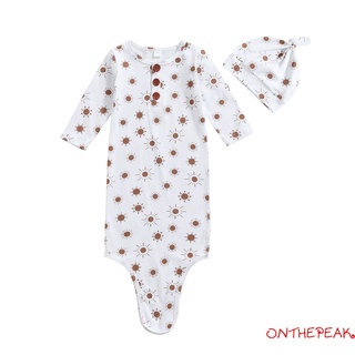 ONT-Breathable Infant Sleeping Bag Set, Autumn Baby Girls Boys Sun Printing Long Sleeve Round Collar Sleeping Sack + Round Hat