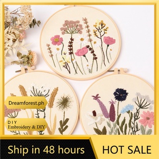 【DIY】DF Flower Plants Theme Embroidery Kit DIY Cross Stitch Needlework Set With Embroidery Hoop Handmade Sewing Decor