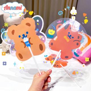 Annami INS Hand Fan Cute Bear Hyun Flower Long Handle Cartoon Fan Outdoor Mini Cooling