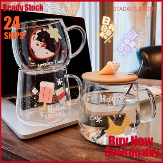 STADAYS Home Clear Glass Cup Creative Large Capacity Mug with Cover Spoon Student Cute Girl Milk Breakfast Cup