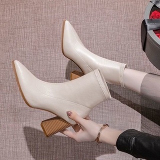 Women's Ankle Boots Chunky Heel Boots2021Autumn and Winter New Pointed Toe High-Heeled Bare Boots